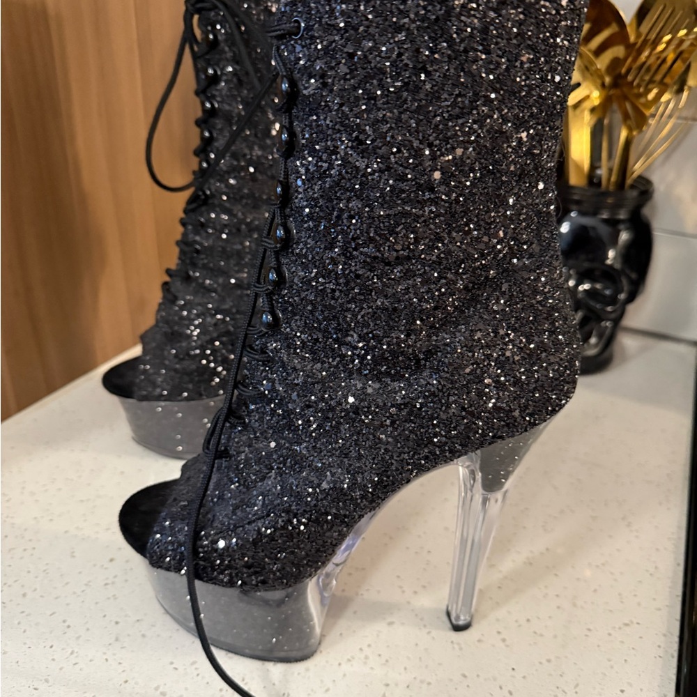 Pleaser Black Glitter Lace-Up Heels